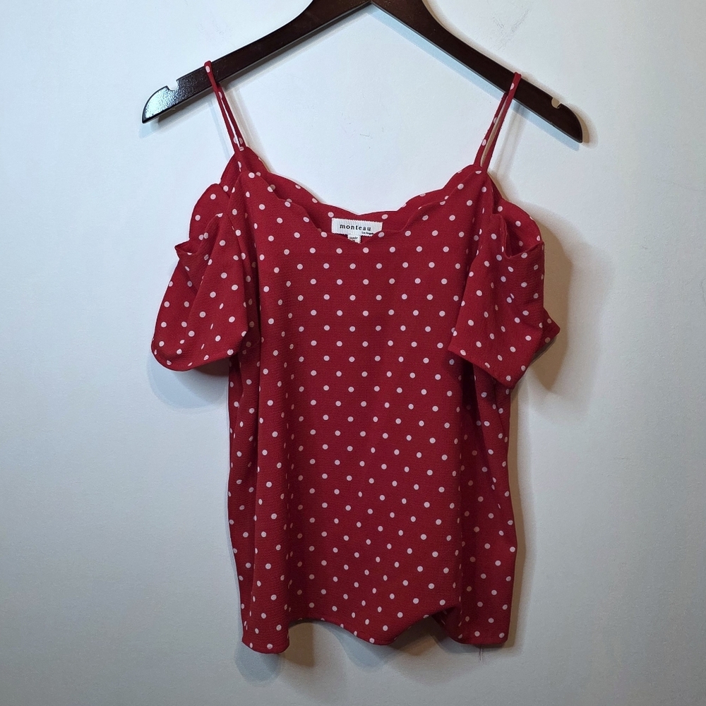 Monteau Red And White Polka Dot Scalloped Ruffle Cold Shoulder Retro Size Medium